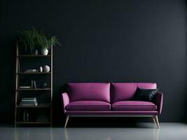 vivente camera interno con marrone viola colore divano e interno pianta nel buio parete per modello. ai generato foto