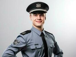 un' uomo indossare un' polizia uniforme sta contro un' grigio sfondo. foto