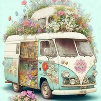 ai creare un' carino squallido Vintage ▾ hippie furgone illustrazione, si adatta nel il proposizione, iper dettagliato, fiori, acquerello, foto