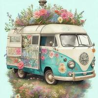 ai creare foto un' carino squallido Vintage ▾ hippie furgone illustrazione, si adatta nel il proposizione, iper dettagliato, fiori, acquerello,