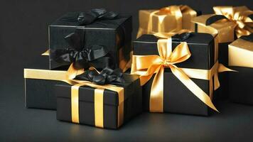 nero e oro nastro e nero regalo scatola, lusso e mistero ai generato foto