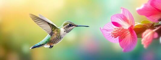 colorato colibrì volante per fiore per nettare, bandiera fatto con generativo ai foto