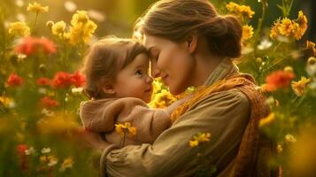 La madre di giorno, ritratto di un' madre e bambino su un' fiorito prato nel natura, fatto con generativo ai foto