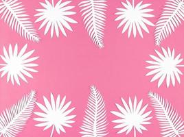 foglie di carta tropicale su sfondo rosa, distese piatte con spazio per le copie. foto