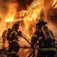 pompiere nel primo piano con ardente edifici nel sfondo. sicurezza fuoco combattente squadra, dipartimento vigile del fuoco nel speciale calore resistente protezione completo da uomo. generativo ai illustrazione. foto