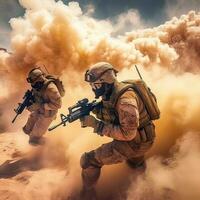 soldato forze combattente e azione nel il deserto, generativo ai illustrazione. foto