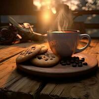 tazza di caffè con Fumo e Stevia nel un' tramonto.loro siamo su vecchio di legno sfondo. generativo ai illustrazione. foto
