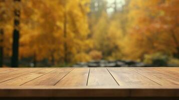 vuoto di legno tavolo per Prodotto Schermo su autunno natura sfondo. generativo ai foto