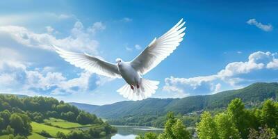 internazionale pace giorno, bianca colomba volante su blu cielo sfondo, uccello di pace simbolo. generativo ai foto