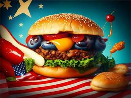 delizioso gustoso Hamburger. americano Hamburger cibo. memoriale giorno Hamburger. gustoso hamburger foto
