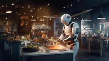 robot cucinare prepara un' piatto nel il cucina di un' ristorante. ai generato foto