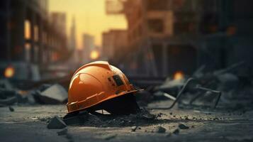 rotto e sporco protettivo casco di un' costruzione lavoratore o un' vigile del fuoco. ai generato foto