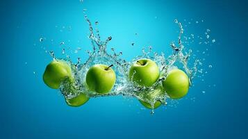 verde mele caduta in acqua spruzzi su un' blu sfondo. succoso frutta sfondo. ai generato foto