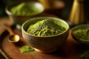 vivace verde tè polvere nel un' tradizionale ciotola, avvicinamento sparo, ai generato foto