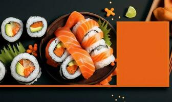 Sushi pubblicità sfondo per sociale media inviare, giapponese Sushi rotolo con salmoni. generativo ai foto