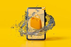 mobile Telefono o smartphone con carta Borsa, acqua spruzzo isolato su giallo sfondo. in linea acquisti, estate viaggio vacanza concetto, 3d illustrazione o 3d rendere foto