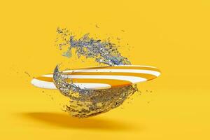 arancia tavola da surf con acqua spruzzo isolato su giallo sfondo. estate viaggio concetto, 3d illustrazione o 3d rendere foto