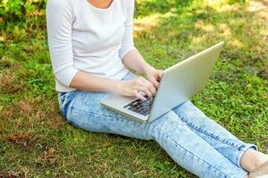 donna gambe su verde erba prato nel città parco Lavorando su il computer portatile pc computer. libero professionista attività commerciale concetto foto