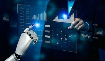 attività commerciale 3d interpretazione artificiale intelligenza ai robot pannello di controllo grande dati diagramma grafico virtuale schermo. economico analisi e investimento finanza e marketing attività commerciale intelligenza bi concetto. foto