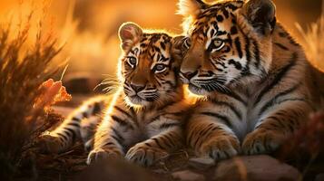 Due giovane tigre cuccioli, panthera tigris altaica, nel il selvaggio a tramonto ai generativo foto