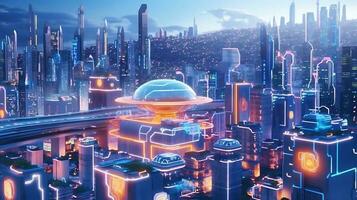 futuristico città a notte con neon luci, 3d interpretazione ai generativo foto