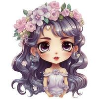 carino cartone animato ragazza indossare un' corona di fiori nel sua capelli ai generativo foto