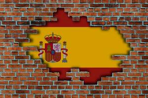 3d bandiera di Spagna dietro a il rotto vecchio pietra parete sfondo. foto