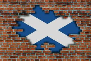 3d bandiera di Scozia dietro a il rotto vecchio pietra parete sfondo. foto