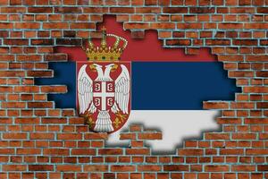 3d bandiera di Serbia dietro a il rotto vecchio pietra parete sfondo. foto
