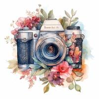 acquerello foto telecamera con fiori. schizzo stile illustrazione, mano disegno, scarabocchio, retrò, Vintage ▾. icona, logo, Stampa, sublimazione, clipart. ai generato