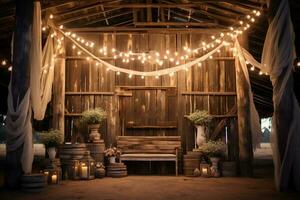 nozze cerimonia nel un' di legno interno con candele e fiori ai generativo foto