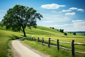 nazione strada nel verde campo con di legno recinto e blu cielo con nuvole ai generativo foto