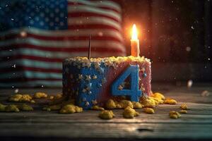 numerico torta nel colori di americano bandiera con illuminato candela per Stati Uniti d'America 4 ° di luglio indipendenza giorno celebrazione. generativo ai. foto