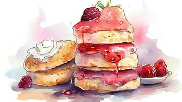 acquerello dolce cibo pittura di delizioso pancake guarnizione crema e fragola foto