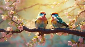 bellissimo Due uccelli su un' ramo di un' fioritura albero nel il foresta.generativa ai foto
