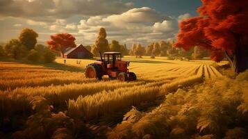 raccolta su il azienda agricola un' trattore guida su un' campo. generativo ai. foto