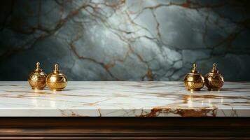 un' davanti Visualizza di un' lussuoso bianca e oro vuoto marmo tavolo per Prodotto posizionamento su un' buio sfondo, servendo come un' vuoto marmo tavolo modello, ai generativo foto