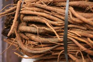 mazzo di fresco ginseng radice su Schermo nel un' mercato foto