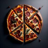 Pizza su nero sfondo ai generato, cibo pubblicità Immagine foto