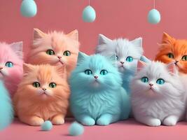 molte di carino gatti con colorato capelli nel pastello colori. isolato su un' arancia sfondo. insolito contemporaneo arte stile sfondo, molte di soffice gatti. generativo ai 3d rendere imitazione foto