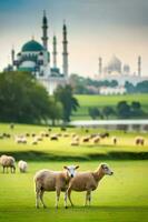 un' imballare di pecore nel il mezzo di moschea campo d'erba foto