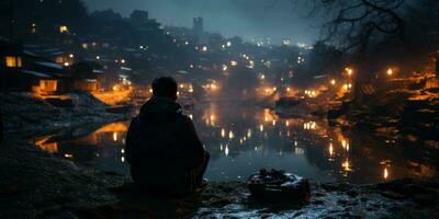 un' uomo seduta su lago montagna nel oscurità, generativo ai foto