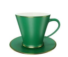 ceramica caffè o tè tazza con verde piattino, caffè espresso cappuccino caffè tazza, prima colazione bevanda isolato su sfondo 3d illustrazione - ritaglio sentiero foto