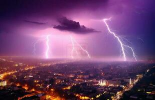 fulmine tempesta al di sopra di città nel blu leggero creato con generativo ai tecnologia. foto