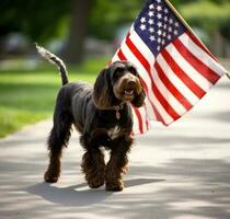 cane nel il sfondo di il americano bandiera. unito stati di America. creato con generativo ai tecnologia. foto