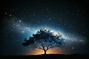 un' notte cielo con il latteo modo e un' albero generato di ai foto