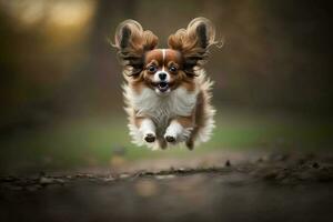 piccolo cane salto con un' sfocato sfondo, generato di ai foto