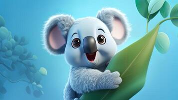 3d illustrazione di un' carino koala con foglie, generato di ai foto