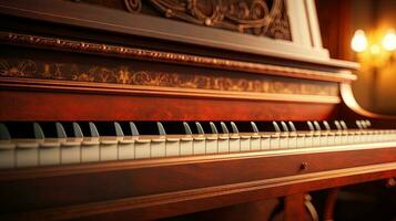 avvicinamento di un' Vintage ▾ pianoforte a partire dal il lato, generato di ai foto