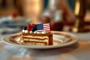 torta con Stati Uniti d'America bandiera, crema e spruzzatori. 4 ° di luglio, indipendenza giorno concetto. generativo ai foto